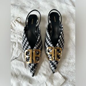 Balenciaga Houndstooth Slingback Knife Point Kitten Heels
